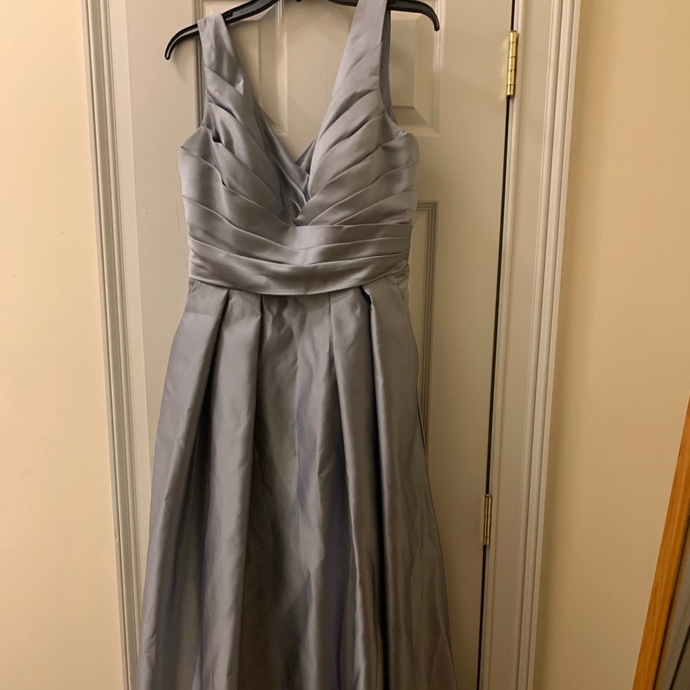 Floor length slate blue bridesmaid dress w/POCKETS